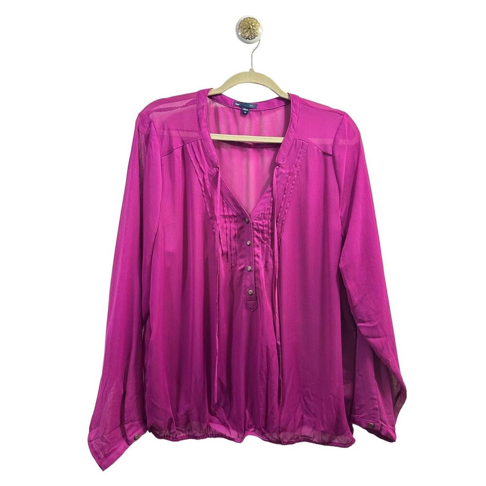 Gap Blouse Womens Size XLarge Pink Tunic Sheer Long-sleeve V-neck Tie Pleated